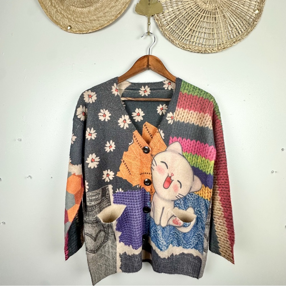 Retro Boho Cotton Wool Patchwork Cat Print Colorful Long Sleeve Cardigan Sweater - Picture 13 of 13